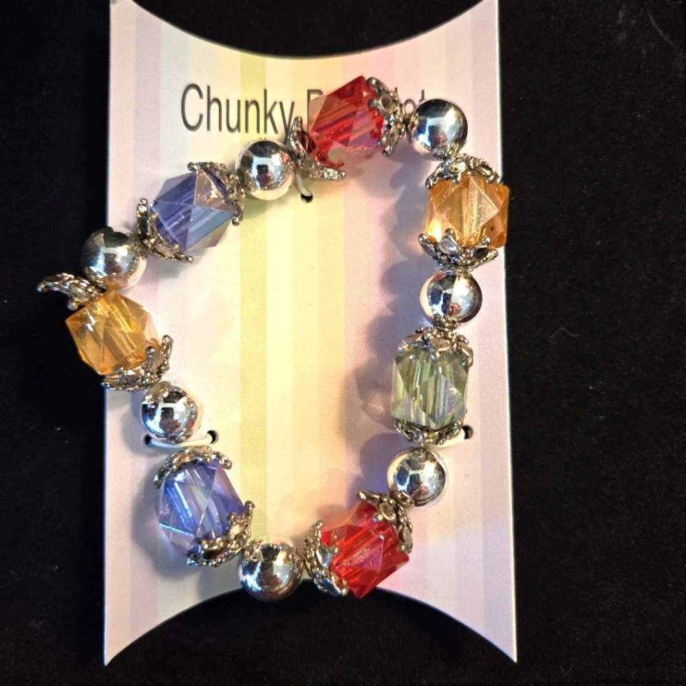 Batch of 4 Kids Elastic Stretch Beaded Silvertone Bracelets, Play